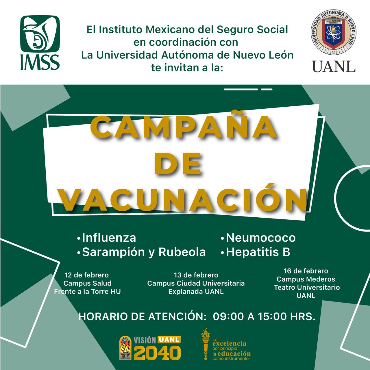 Invitan a la Campaña de Vacunación IMSS–UANL dirigida a la comunidad universitaria